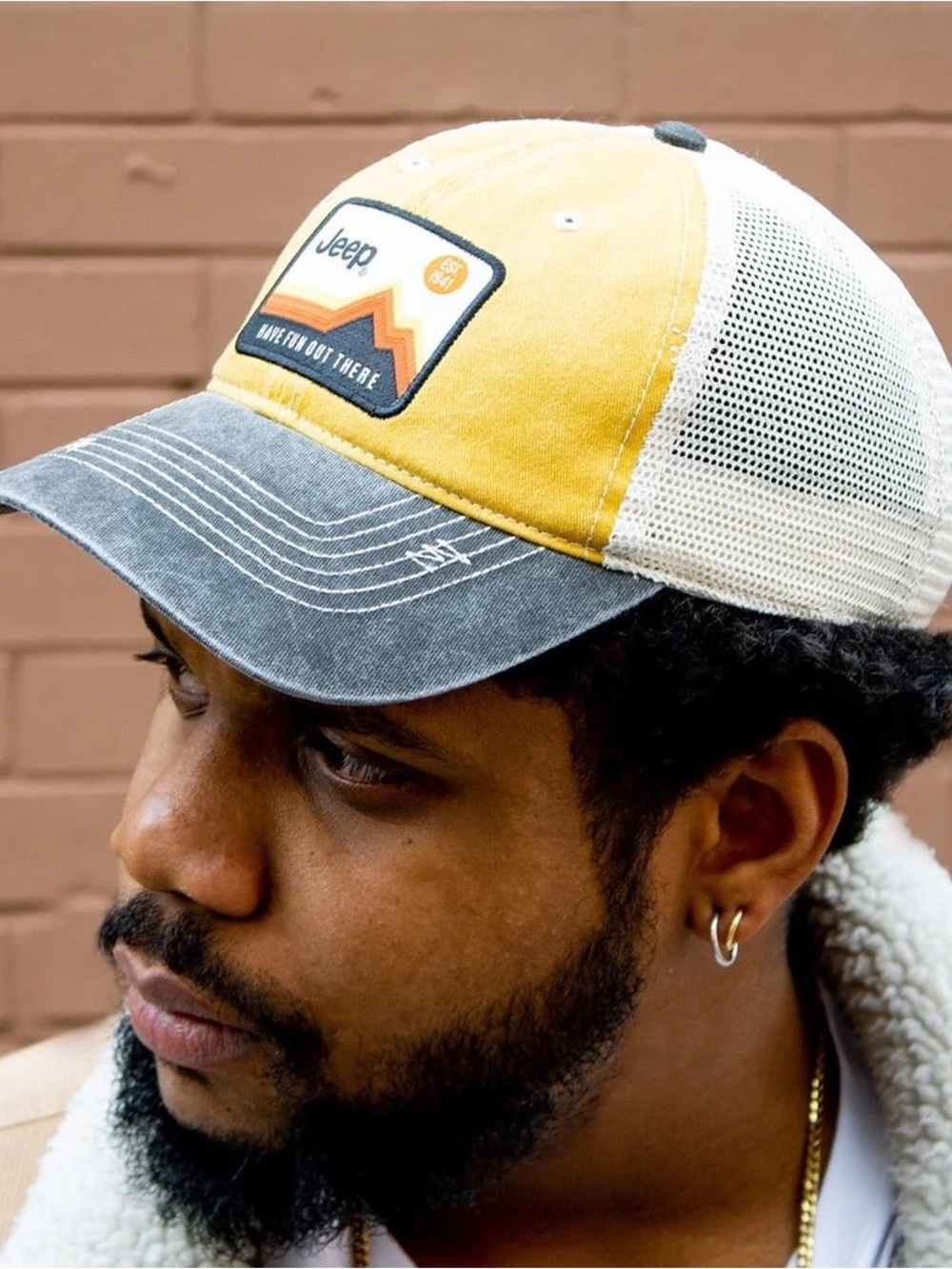 Jeep “Have Fun Out There.” Patch Garment Washed Trucker Hat- Yellow/Grey- NWT - Picture 3 of 3